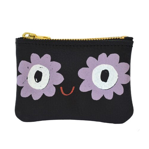 Black Leather Cardholder with illustration of flower face with purple flower eyes and smiling mouth