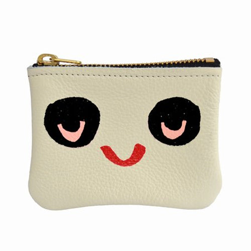 Ivory Color Leather Cardholder with black and pink eyes and a red smiling mouth