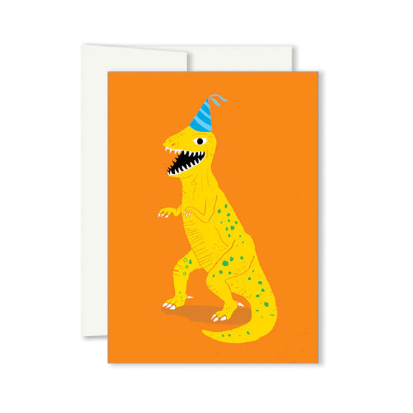 Greeting card with a yellow dinosaur wearing a blue party hat on an orange background