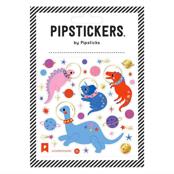 Dinosaur Through Space Stickers with brightly colored dinosaurs with space helmets surrounded by planets