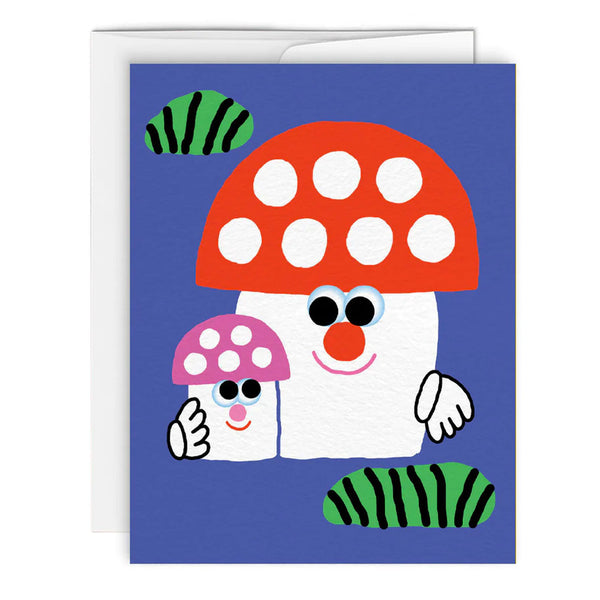 Famille De Champignons / Mushroom Family Greeting Card with a drawing of a big red and smaller pink mushroom on a blue background