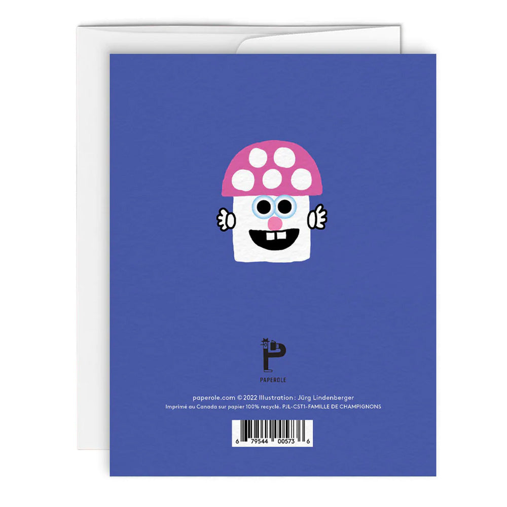 Famille De Champignons / Mushroom Family Greeting Card with a drawing of a smiling pink mushroom on a blue background with illustration credits