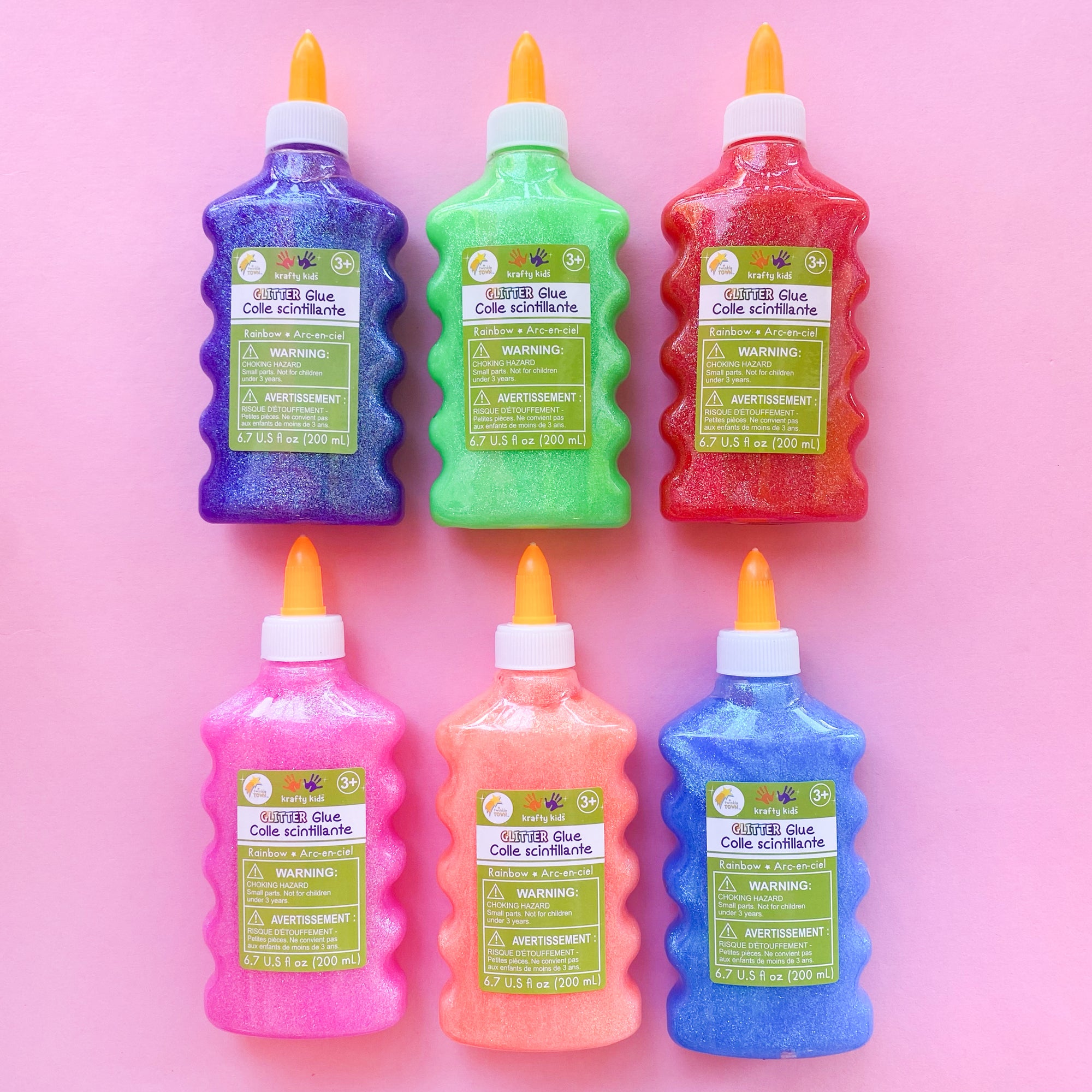 Glitter Glue in a rainbow of colours: purple, green, red, pink, orange and blue