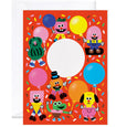 Gros / Big Party Giant Greeting Card with illustrations of colourful animals and shapes holding balloons with a blank balloon in the middle to write a greeting on
