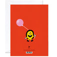 Back of Gros / Big Party Giant Greeting Card with an illustration of a yellow smiling shape holding a pink balloon on a red background