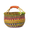 handmade bolga basket in multicolours with a leather handle