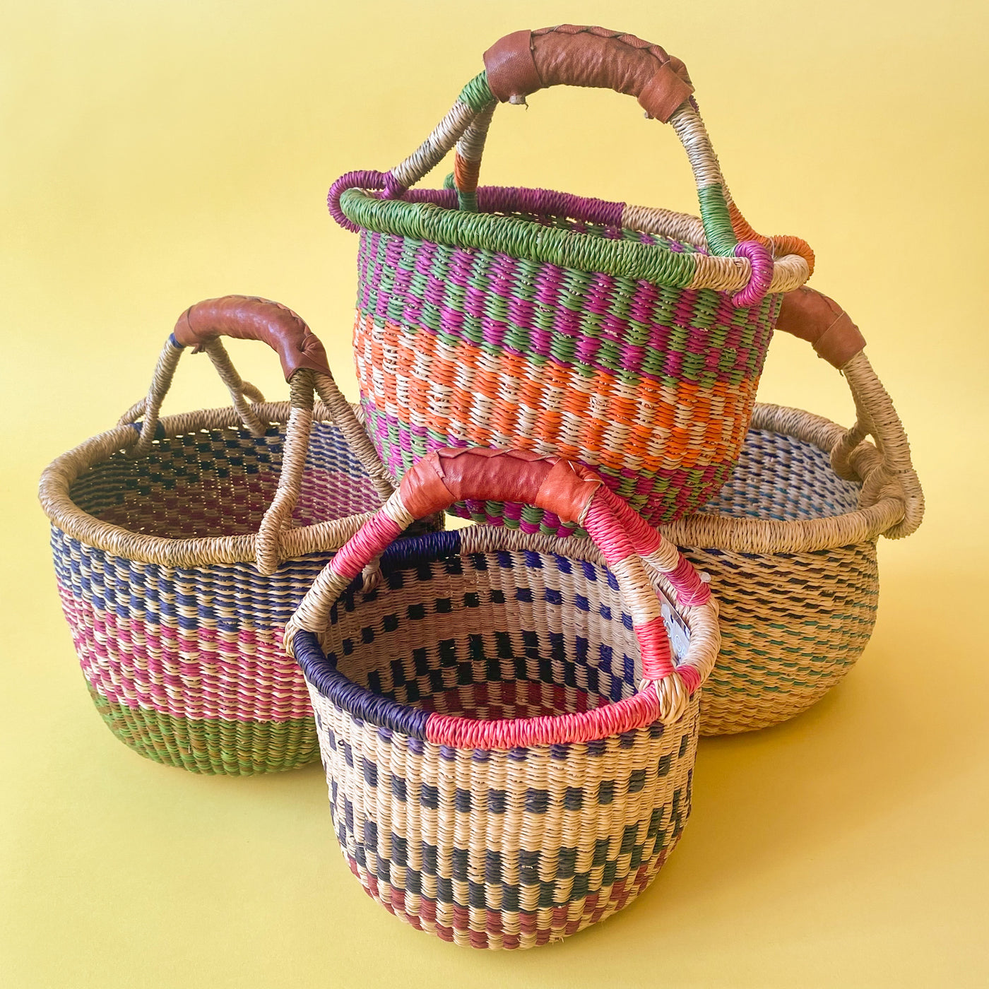 Handmade Baby Bolga Baskets in multicolours with a Leather Handle