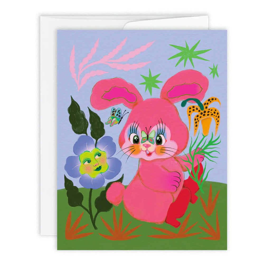 Lapin Greeting Card with a pink rabbit and blue flower drawing in very bright colours