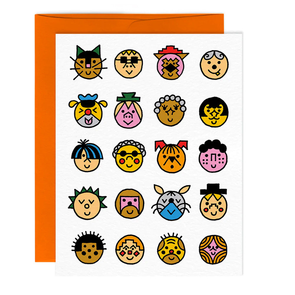 Little Faces Greeting Card with small illustrations of different faces and an orange envelope