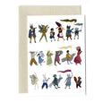 Merry Making Greeting Card with many people and animals walking with instruments and flags