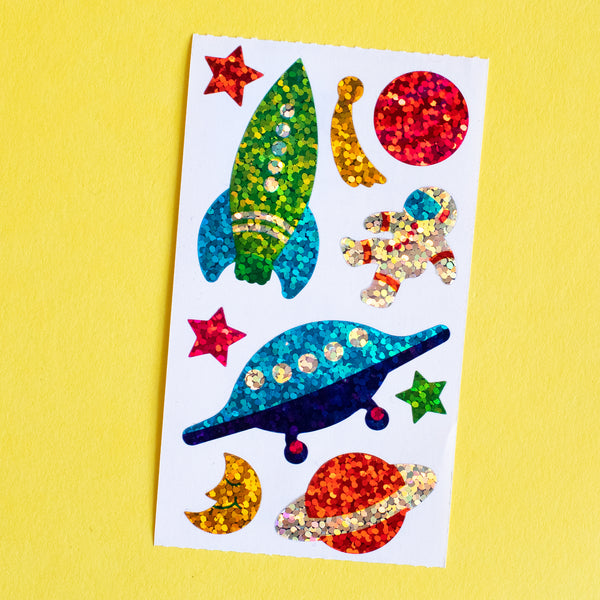 Space with Rockets and Stars Prismatic Stickers