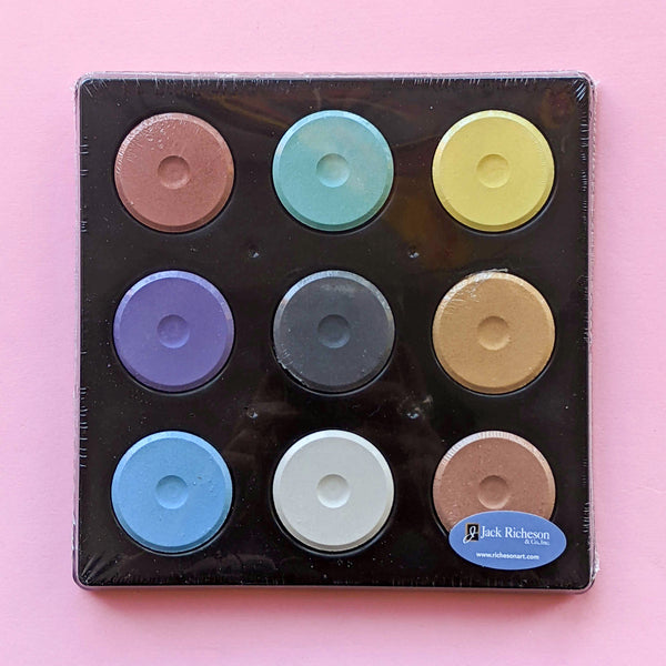 Mini Tempera Paint Puck Set with 9 Metallic Colors: Gold, Copper, Yellow Gold, Mirror, Charcoal, Aquamarine, Blue, Deep Gold, Orchid