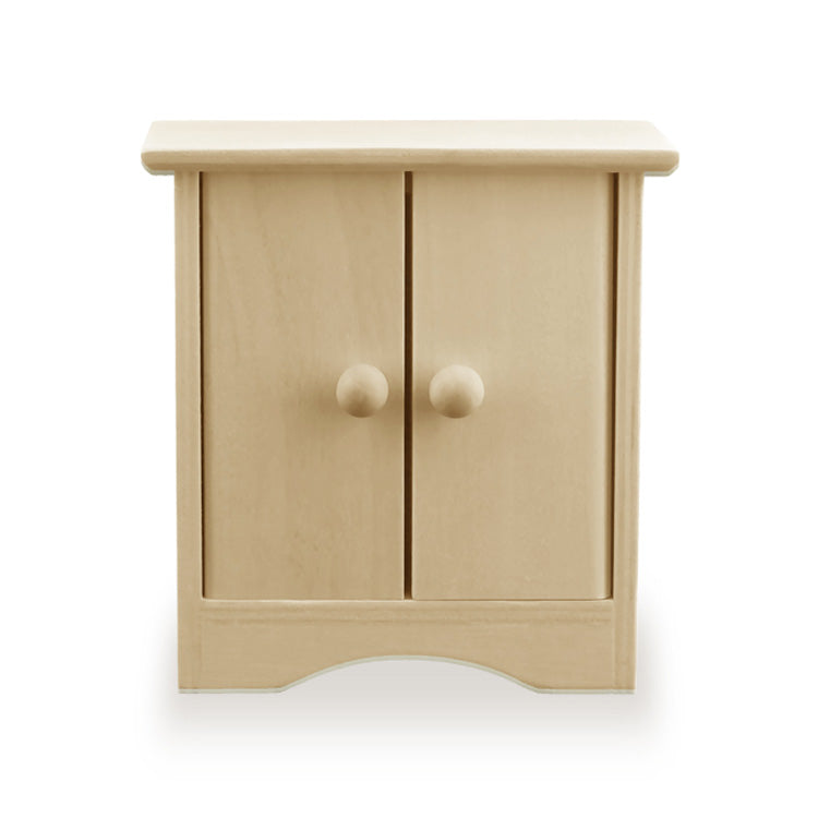 Miniature wooden dollhouse cabinet with doors