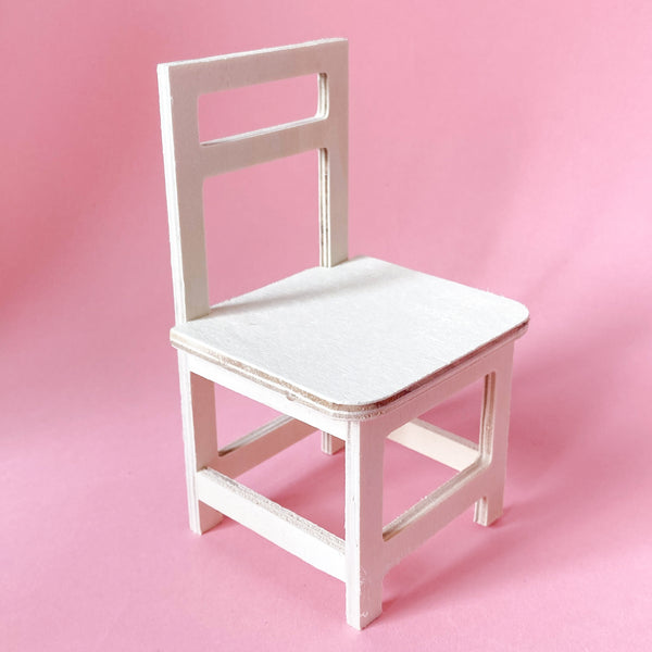 Miniature wooden dollhouse chair with square seat and open back