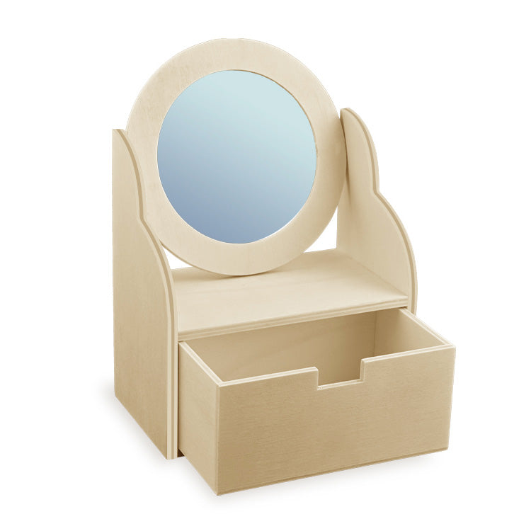 Miniature wooden dollhouse dresser with a round acrylic mirror