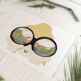 Neets Anita Cheung paper cut art print with a child looking though binoculars at a mountain scene