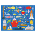 On the Move 100 Piece Double-Sided Puzzle features fun illustrations of colorful transportation vehicles, cars and trucks on one side and airplanes and space shuttles on the other
