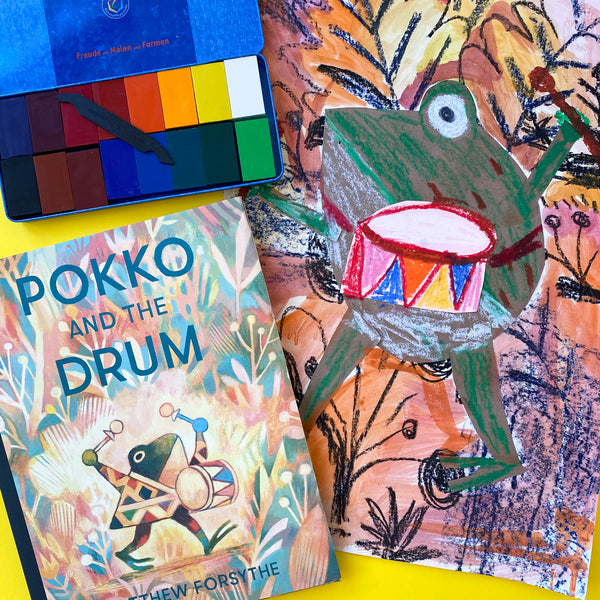 Online Mixed Media Art Class for Kids aged 3 to 8 years inspired by the book Pokko and the Drum