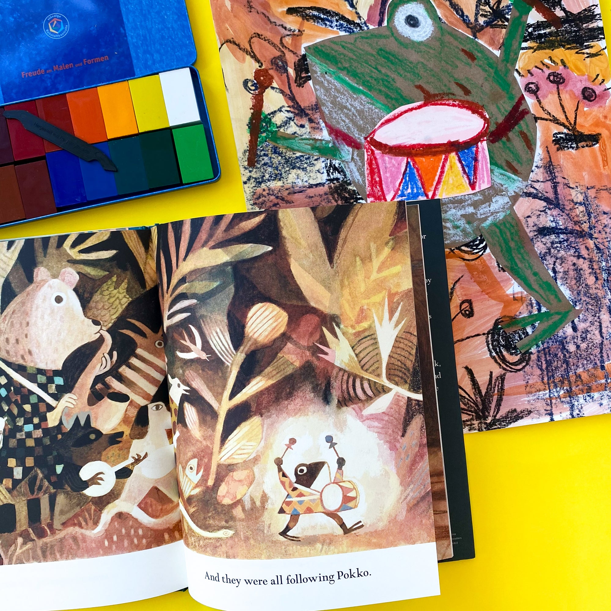 Online Mixed Media Art Class for Kids aged 3 to 8 years inspired by the book Pokko and the Drum