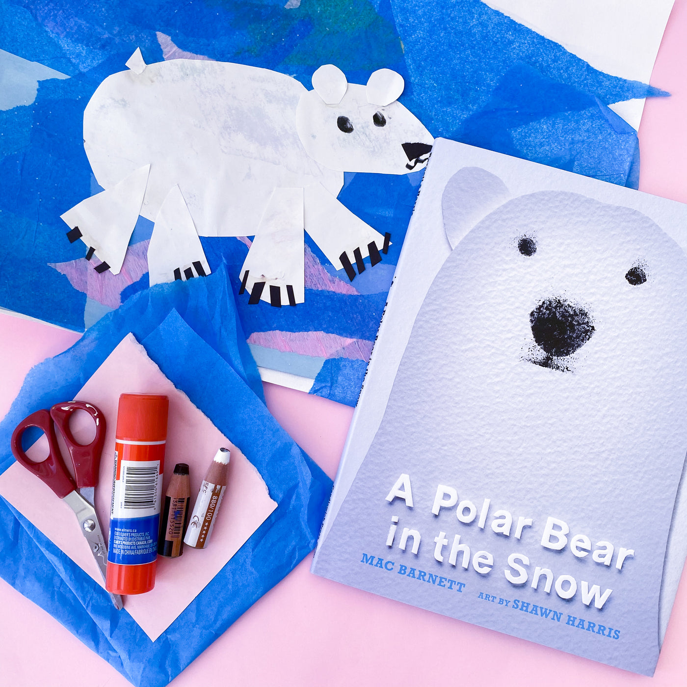 Online Mixed Media Art Class for Kids aged 3 to 8 years inspired by the book a Polar Bear in the Snow