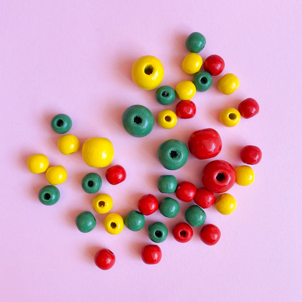 Painted Wood Beads – Red, Yellow, Green (42 pieces)