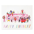 Giant pink cake illustration with children decorating it and the words Happy Birthday underneath