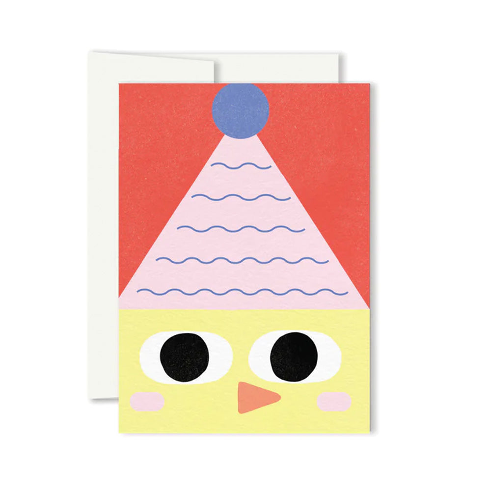 Poussin / Chick Mini Greeting Card with an illustration of a yellow chick in a pink party hat on a red background