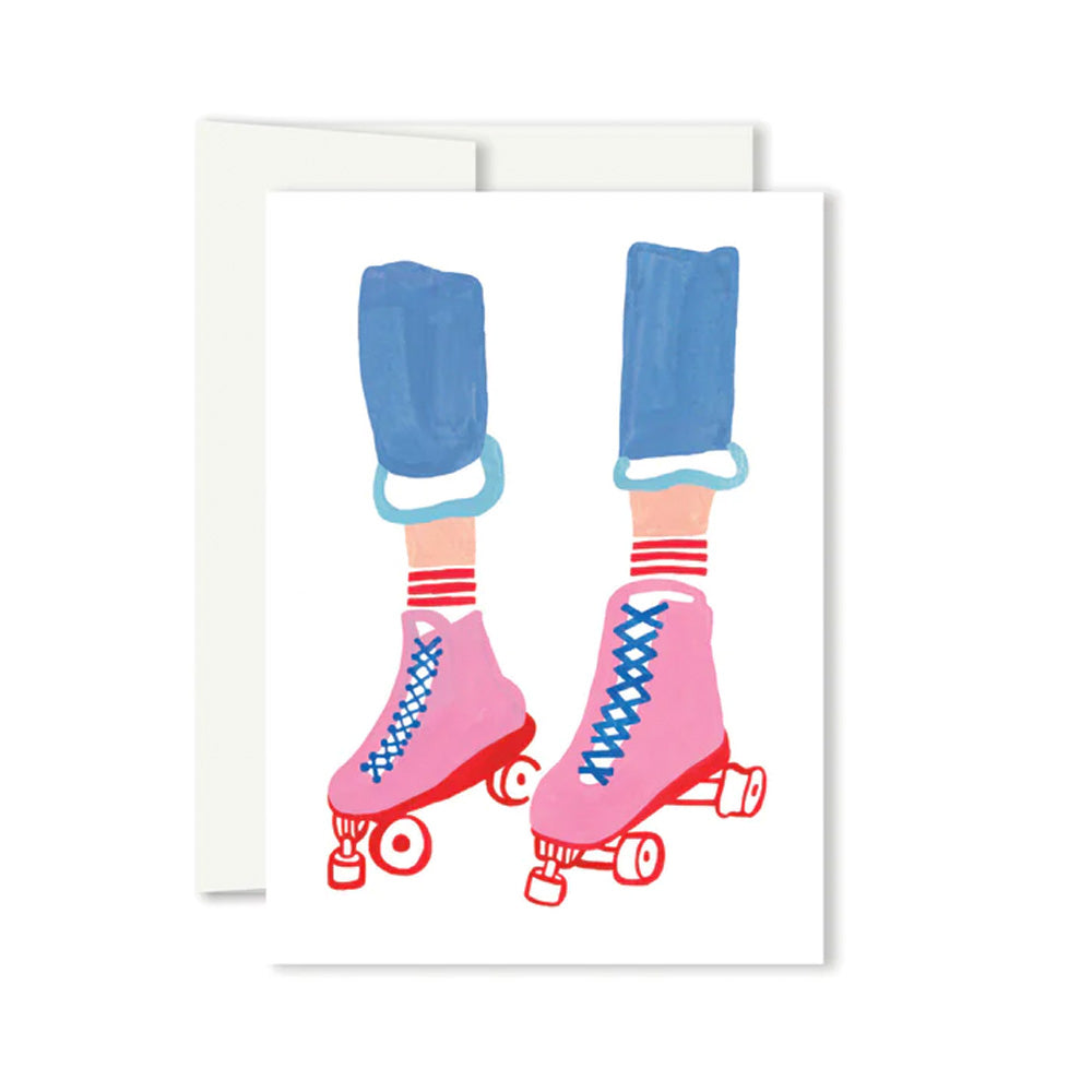 Roller Mini Greeting Card with a drawing of Pink Rollerskates with red wheels