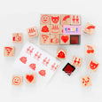 Small Rubber Stamp set with Emoji images in eleven different small stamps showing cakes, pizza, cats, hearts and more