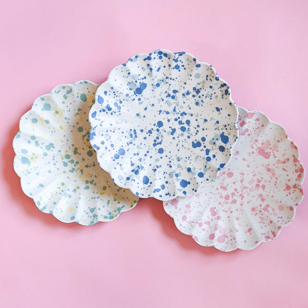Small Plates made from reusable bamboo with a speckled design in blues, pinks, and greens