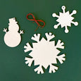 A set of three wooden Snowy Shapes Ornaments with 1 snowman and 2 snowflakes