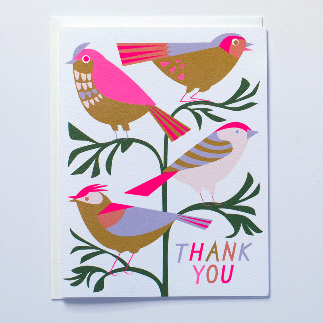 Song birds in bright colours with neon pink highlights and the words thank you in the bottom corner