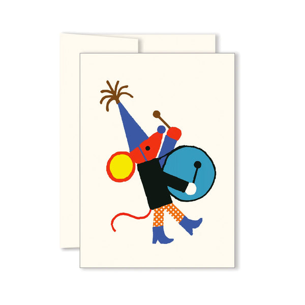 Greeting Card with a colorful mouse banging on a drum with a party hat.