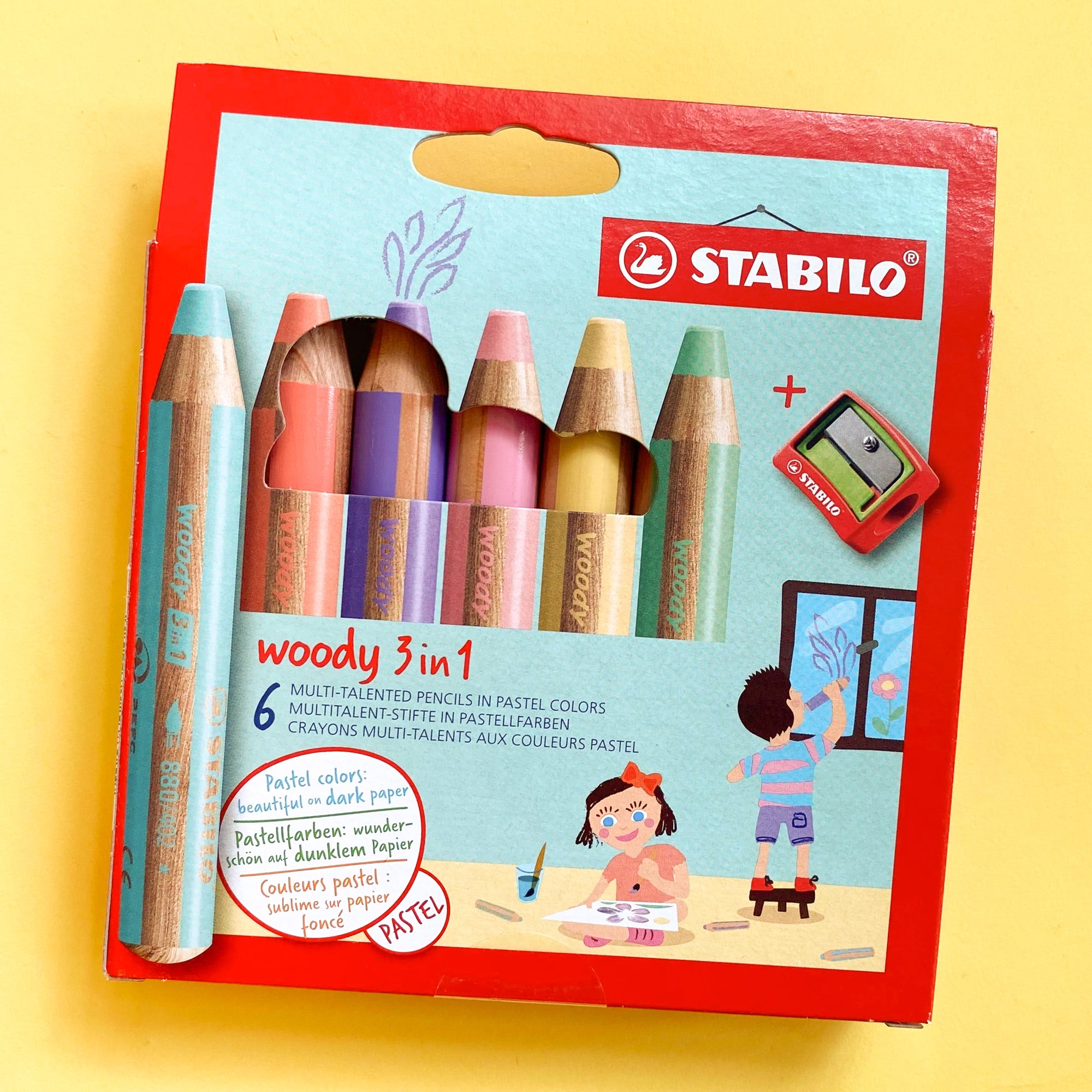 Set of 6 Stabilo Woody 3 in 1 Crayon Pencils in Pastel Colors with a pencil sharpner