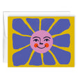 Sunflower Greeting Card with a blue and pink sunflower illustration on a yellow background