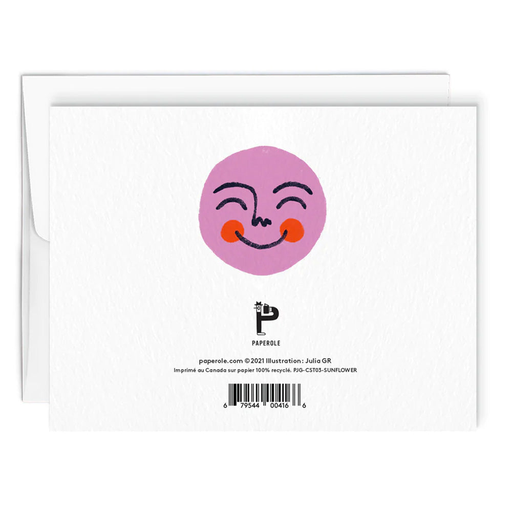 Back of sunflower greeting card with a pink face illustration