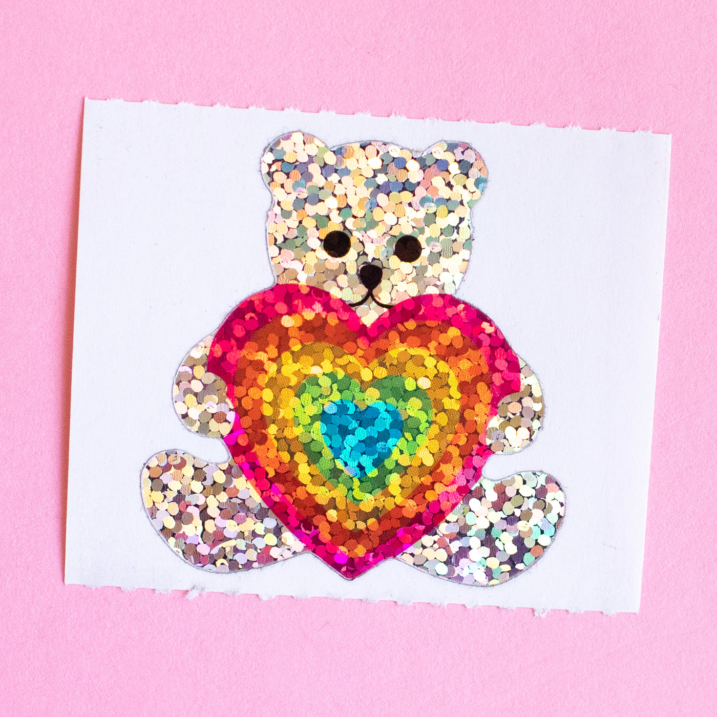 Teddy Bear with Rainbow Heart Prismatic Stickers