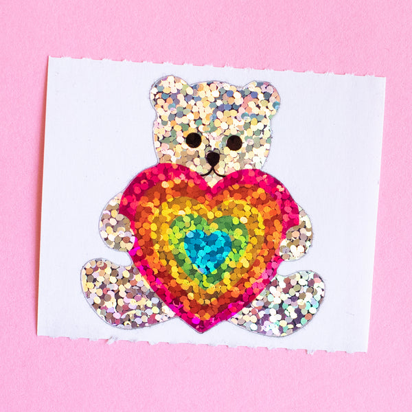 Teddy Bear with Rainbow Heart Prismatic Stickers