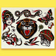 Temporary tattoo sheet with a tiger, snake, butterfly, dog, lady, bird and more