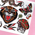 Temporary tattoo sheet with a tiger, snake, butterfly, dog, bird and more
