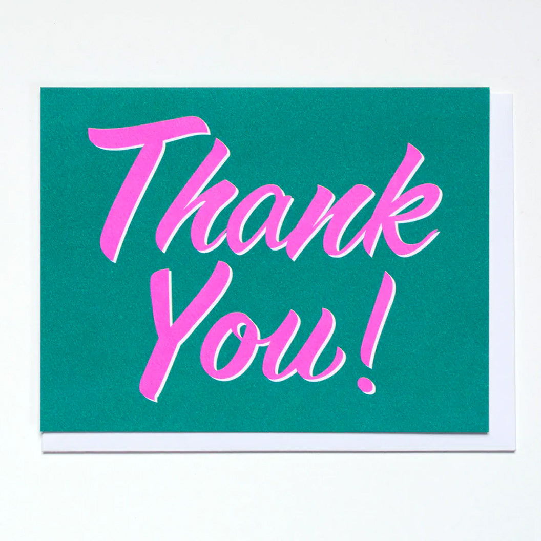 Greeting Card with the words Thank you! in big neon lilac lettering