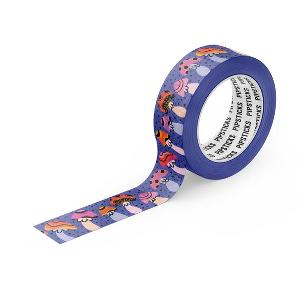 Twilight Flight Washi Tape with red and pink mushrooms against a dark blue backrgound