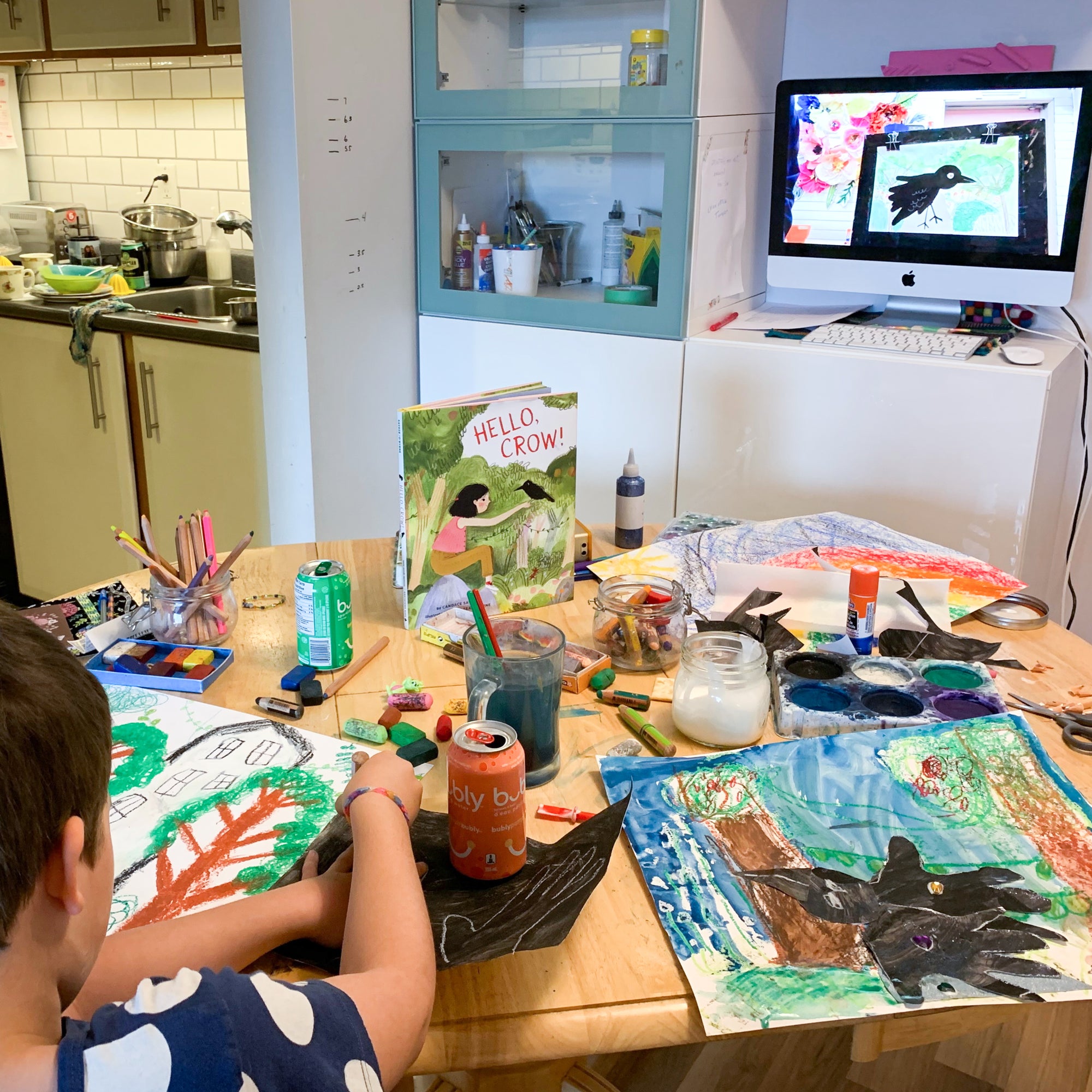 Online Mixed Media Art Class for Kids aged 3 to 8 years inspired by the book Hello Crow