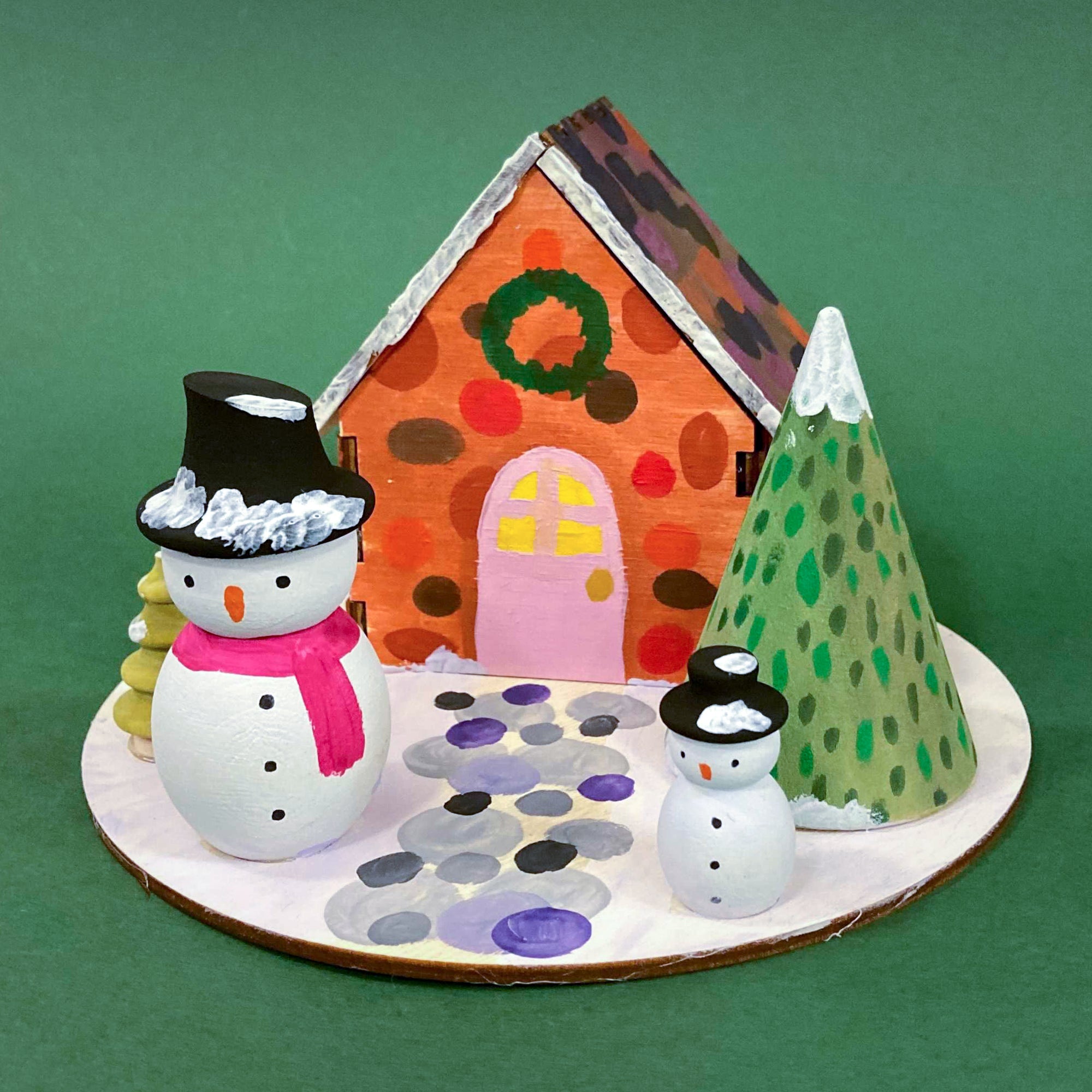 Wooden Cabin Craft Kit for Kids with 2 wooden snowmen, trees, and glue