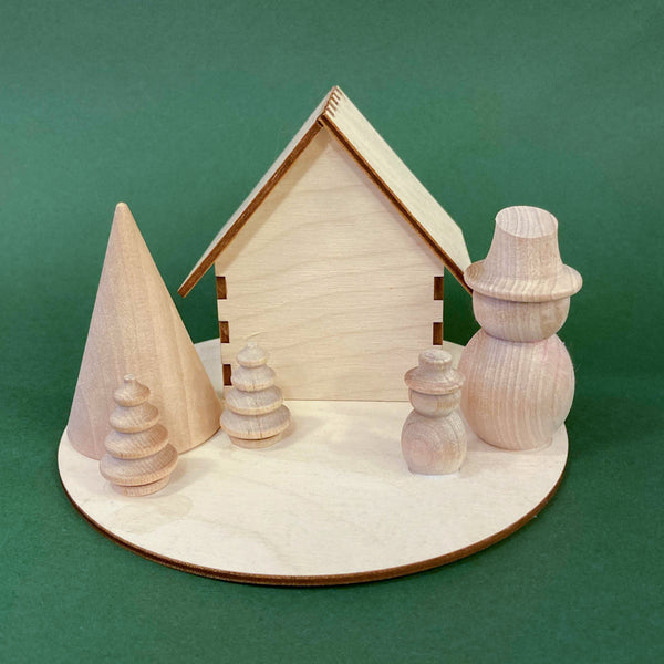Wooden Cabin Craft Kit for Kids with 2 wooden snowmen, trees, and glue