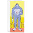 Yeti Greeting Card with illustration of a grey yeti with a party hat and cupcake on a bright yellow background